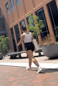 Curly Campus Brunette with amazing Bubble Butt in Tight Shorts (oc)