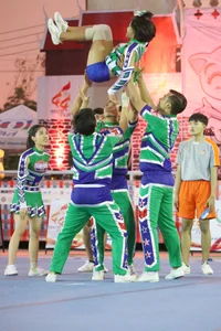 Bunch of athletic Thai cheerleaders at a competition