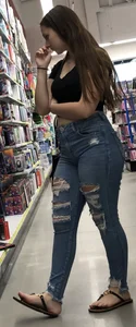 Thicc brunette in tight jeans has a little captain in her