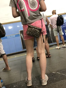 Thin Candid Legs and Little Booty in Pink Shorts in Subway Creepshot