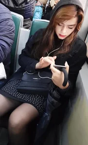 Beautiful Girl in Black Pantyhose Sitting in the Public Train Legs Candid Closeups