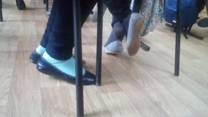 Teen Candid College Girl's Feet in Flats Closeup, Crossed Her Legs And Dangle