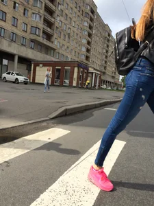 Hot Girl in Tight Blue Jeans And Bright Pink Sneakers on a Crosswalk Street Booty Creepshots Collection