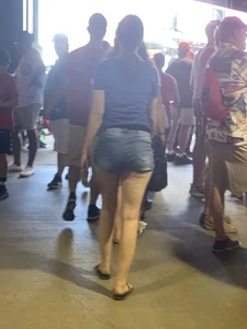 Bunch of girls in various outfits at a Cardinals baseball game