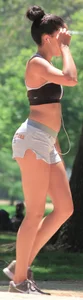 Ebony babe in Hooters shorts out for a run and walk