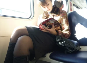 Sexy girls in skirts, stockings and upskirts on the train