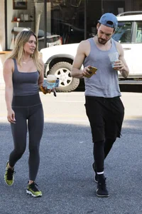 Hilary Duff in grey tights leaving Alfreds Coffee in Studio City