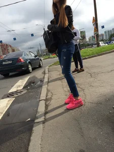 Hot Girl in Tight Blue Jeans And Bright Pink Sneakers on a Crosswalk Street Booty Creepshots Collection