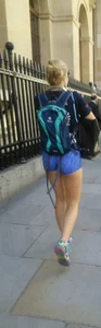 Blonde babe walking in blue spandex shorts