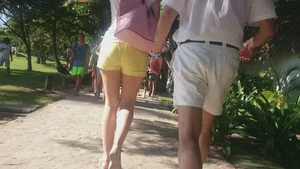 Milf in yellow shorts with vpl and a wedgie