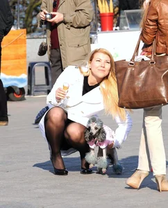 Dog lady upskirted with stockings on