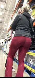 Pawg in red yoga pants bends over, upshots, long follow