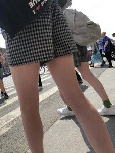 Two Teen Girls in Matching Shorts With Slim Legs on the Crosswalk Large Creepshots Gallery