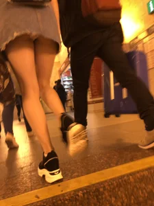Girl in a Blue Denim Skirt Walking Up the Stairs So Her Panties Flashing - Subway Upskirt Creepshot