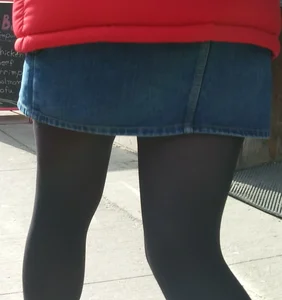 Girl out in denim skirt and tight stockings with nice legs