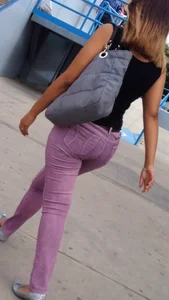 Black babe with a nice ass in tight jeans and vpl