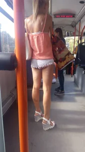 Candid Girl in Mini Skirt and High-Heeled Sandals Public Bus Creepshot