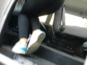 A hot blonde with beautiful smile and nice ass in leggings
