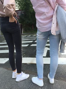 Girls with Skinny Legs in Tight Jeans City Street Candid Photos