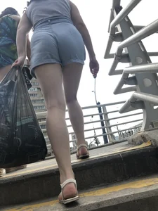 Sexy Butt And Legs in Denim Shorts - Candid Girl in Sandals Walking Up the Stairs Creepshots Gallery