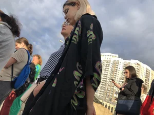 Cute blonde candid teen crossing the street