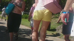 Milf in yellow shorts with vpl and a wedgie