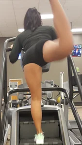 Tight Asian girl in black spandex shorts on stain master Pink Thong VPL! OC!