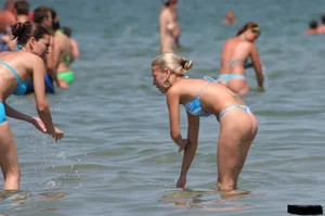 A bunch of sexy beach voyeur babes in bikinis, thongs and topless