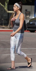 Flat ass brunette walking in leggings with big boobs