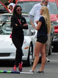 Blonde teen in tight spandex black shorts
