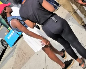 Ebony babes in pink patterned and black leggings with nice asses