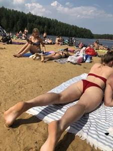 Candid Girl in a Red Swimsuit Lying on a Beach Creepshot