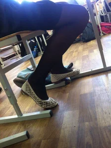 Skinny Legs in Black Pantyhose and Flats College Classroom Creepshot