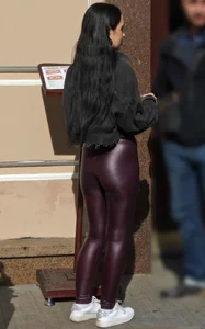 Girl in Leather Leggings Street Closeup Creepshot