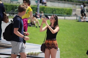 Beautiful brunette in loose patterned shorts