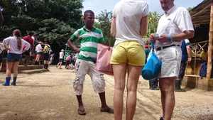 Milf in yellow shorts with vpl and a wedgie