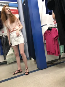 Redhead in Sandals and Skirt with Skinny Legs Candids