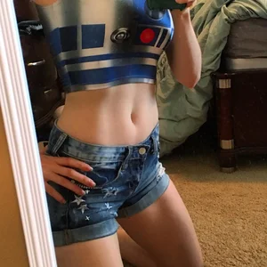 Hot Abs and Legs in Blue Shorts - Girl Standing on Knees Mirror Selfie