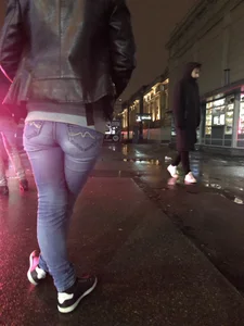Cute Girl in Leather Jacket and Tight Jeans - Late Evening City Creepshot