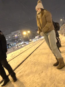 Cute Candid Girl in Pants Getting On a Tram Winter Creepshots, Nice Booty Closeups