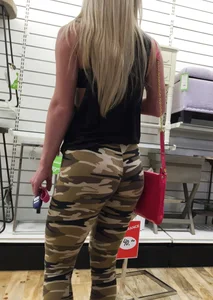 Hot Blonde in Camo Yoga Pants at the Store Closeup Creepshots