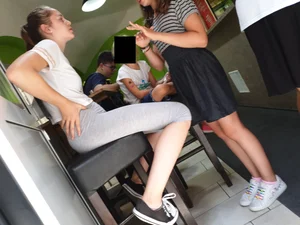 Skinny candid teen in short grey tights