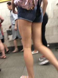 Tall Candid Teen Girl in Denim Shorts And Sandals Sitting in the Subway Train, Then Walking Down the Station