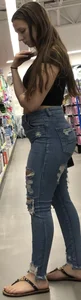 Thicc brunette in tight jeans has a little captain in her
