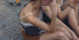 Pretty girl downbloused showing her puffy nipples and bonus friend with nice cleavage