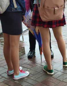 Cute Teens in Skirts and Pantyhose Street Candid