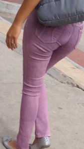 Black babe with a nice ass in tight jeans and vpl