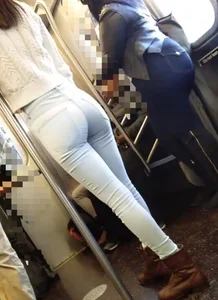 Subway girl in blue tight jeans