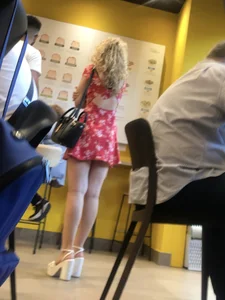 Hot student girl in a short dress wearing platform sandals classroom creepshot, sexy legs