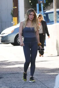 Hilary Duff in grey tights leaving Alfreds Coffee in Studio City